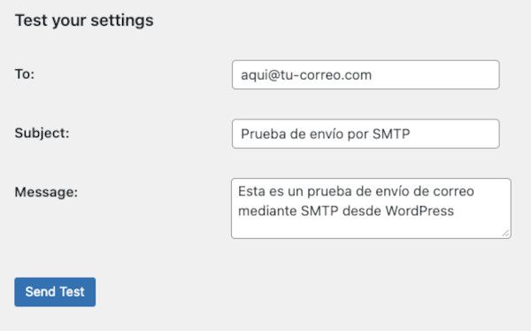 Prueba de envío de email por SMTP con el plugin WP SMTP en WordPress