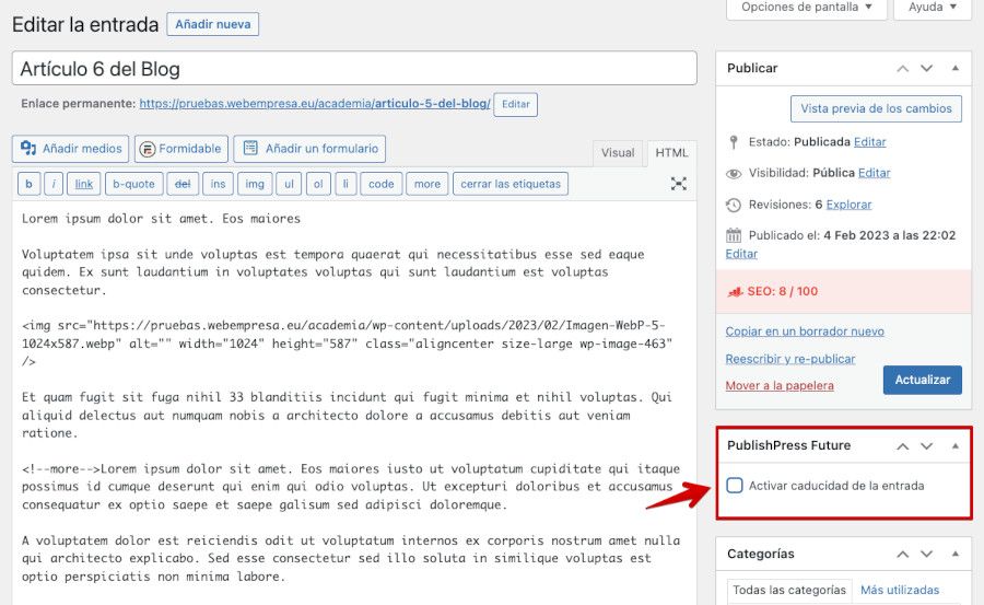 PublishPress - Activar caducidad de una Entrada con el editor clásico