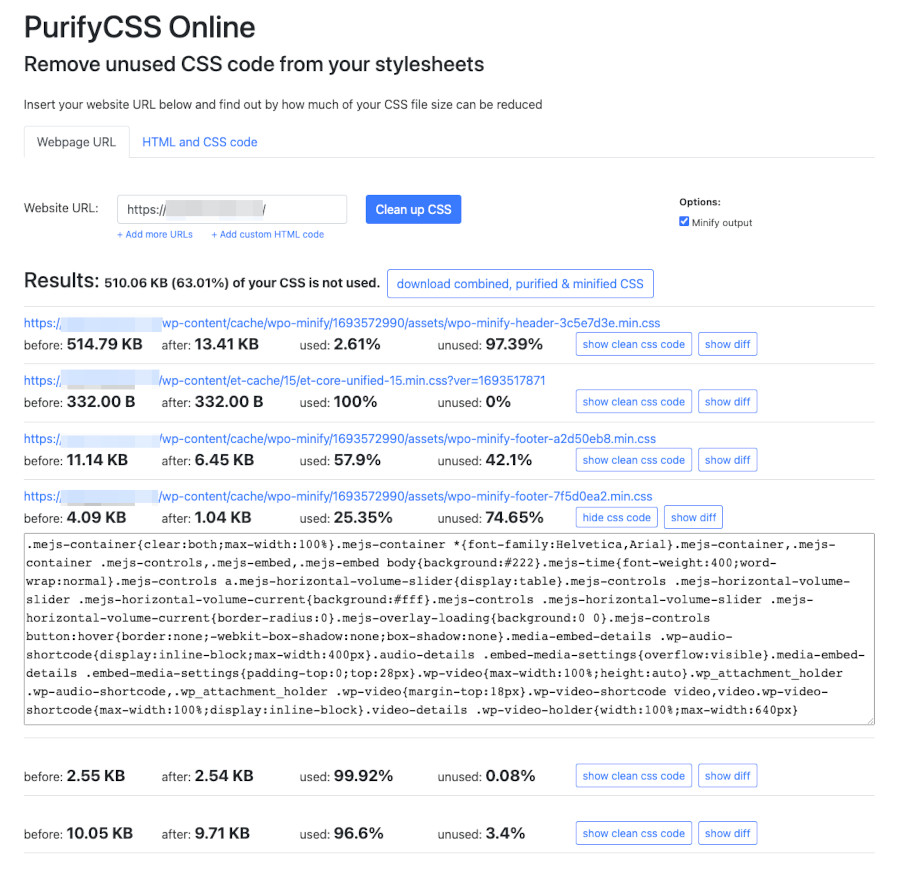 Analisis del CSS de un sitio WordPress con PurifyCSS