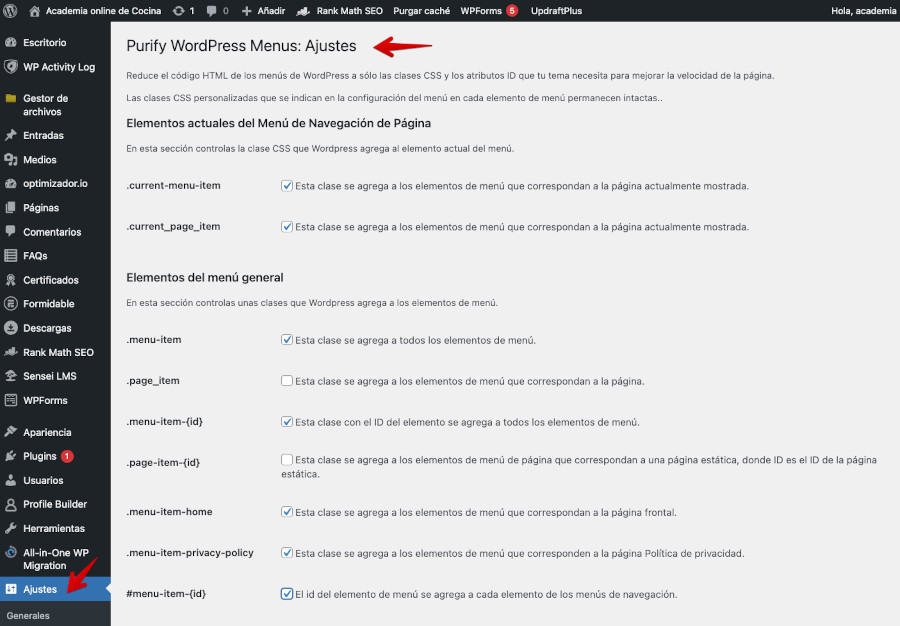 Configuraciones del plugin Purify WordPress Menus