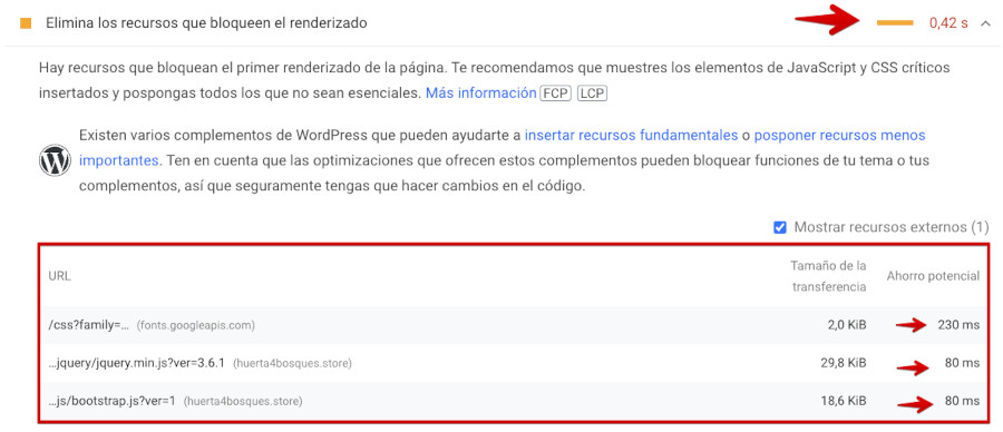 Recursos JS con PageSpeed Insights