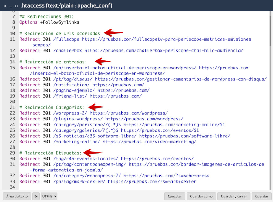 Redirecciones 301 aplicadas en el archivo htaccess de WordPress