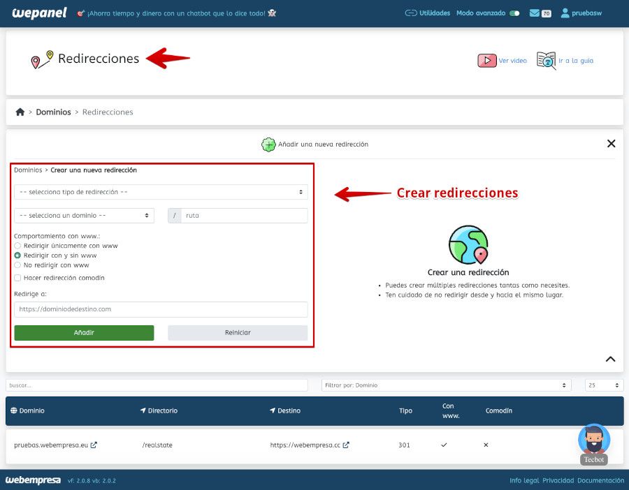 Realizar redirecciones desde el panel de hosting WePanel