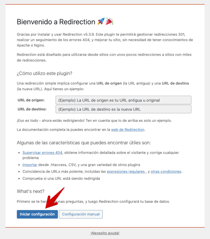Redirection - Iniciar la configuración del plugin