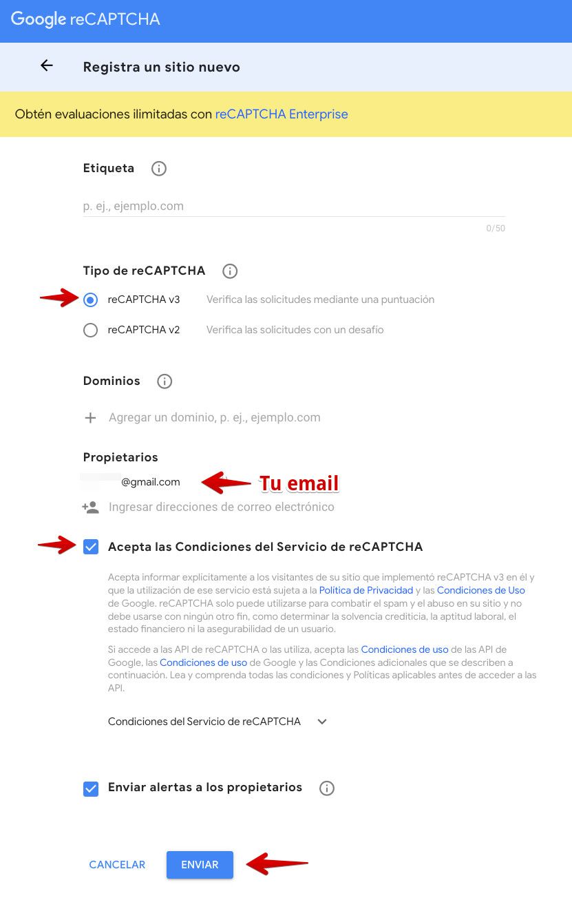 Registro de un nuevo sitio en Google reCAPTCHA v3