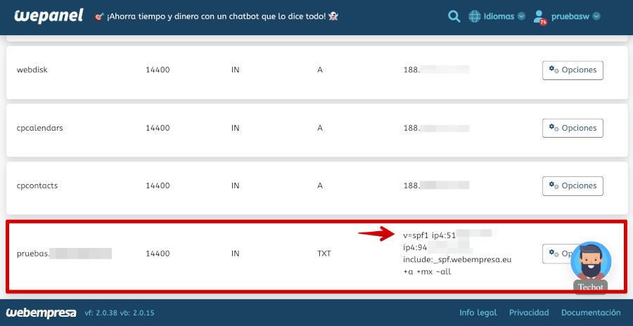 Registro SPF en un dominio, desde WePanel