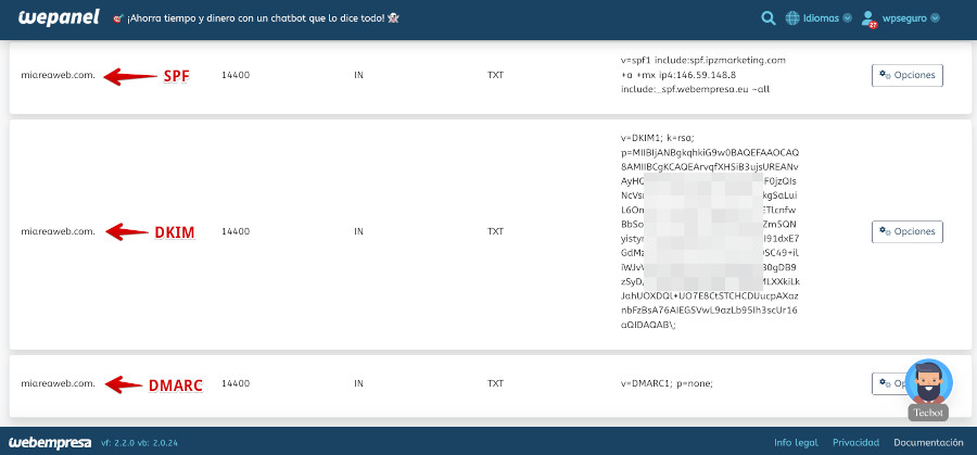 Comprobar registros  SPF, DKIM y DMARC en WePanel