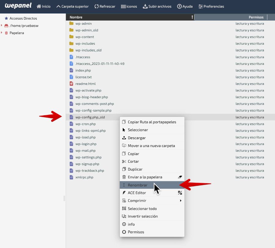 Renombrar el archivo wp-config.php_old a wp-config.php
