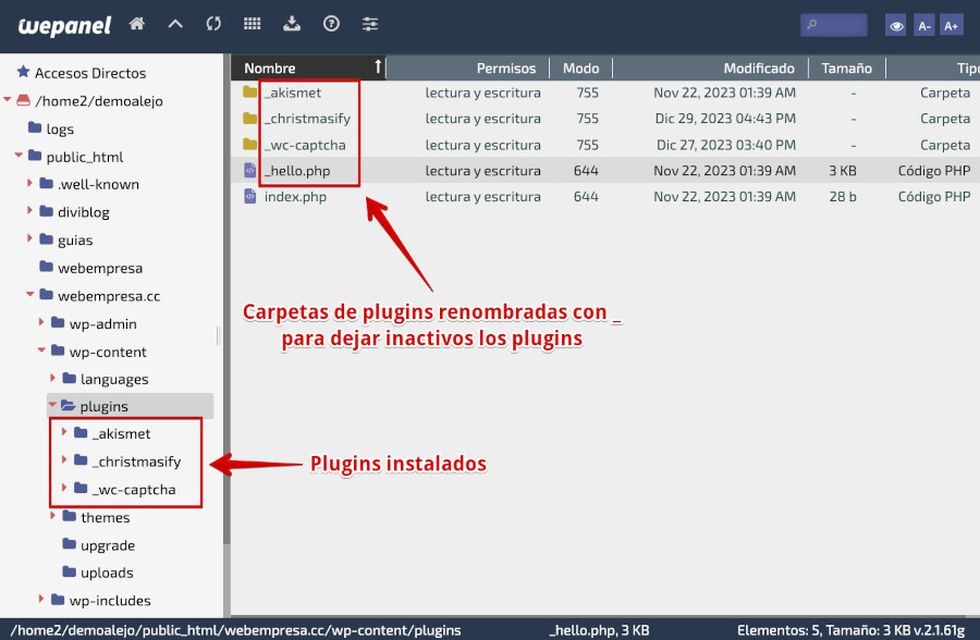 Renombrar carpetas de plugins en WordPress