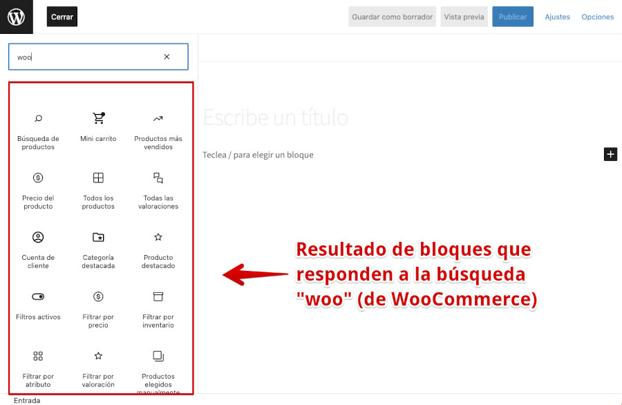 Resultado búsqueda bloques WooCommerce