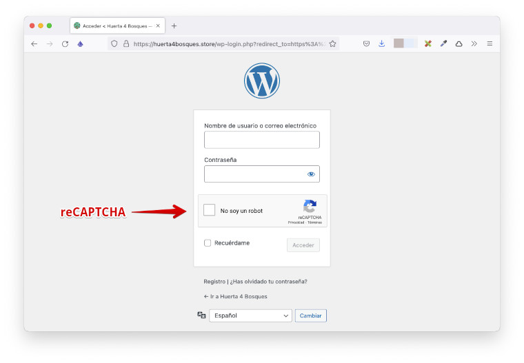 Resultado de aplicar reCAPTCHA en el formulario de login