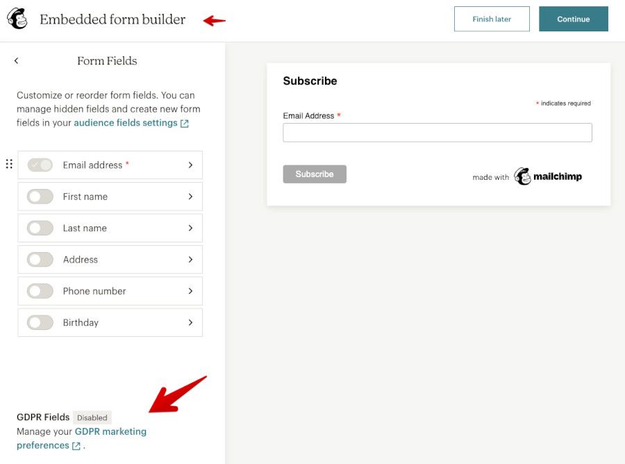RGPD Mailchimp - Embedded forms