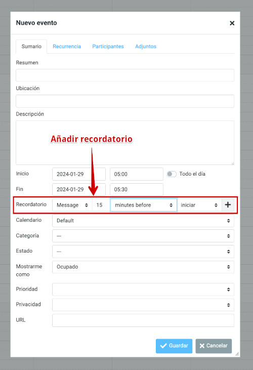 Roundcube - Calendarios - Avisos