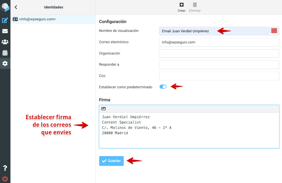 Roundcube - Configuración - Identidades - Establecer nombre y firma