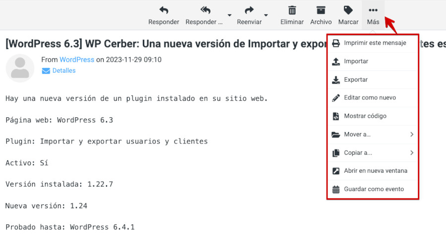 Roundcube - Correo - Más - Opciones de correo