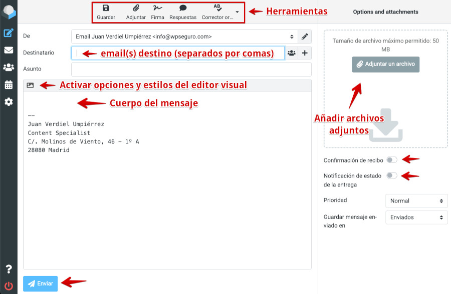 Roundcube - Redactar - Nuevo email - Areas de redacción del correo