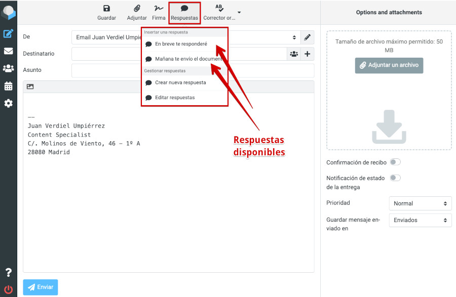 Roundcube - Respuestas - Usar respuesta personalizada