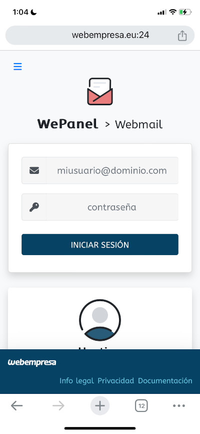 Pantalla de login de Webmail RoundCube en dispositivo móvil