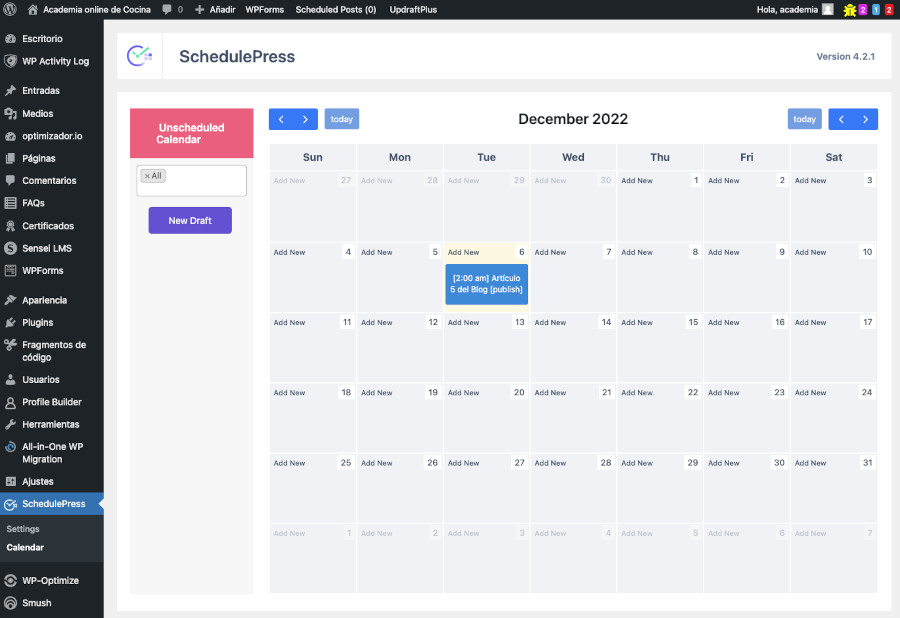 Calendario de publicaciones programadas de SchedulePress