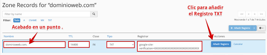 Search Console - Añadir Registro TXT del dominio