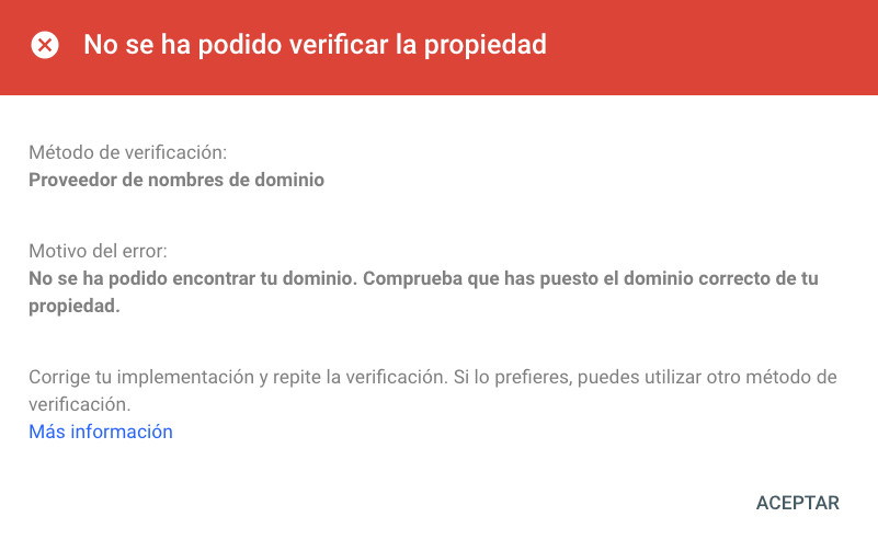 Search Console - Error de verificación