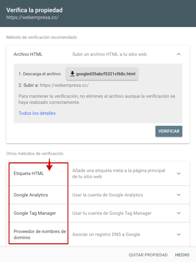 Search Console - Otros métodos de verificación