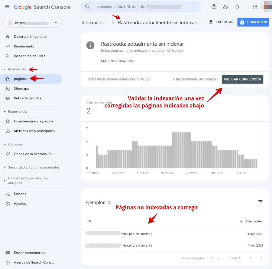 Google Search Console - Páginas no indexadas