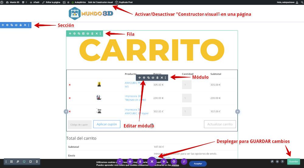 Edición de página en Divi desde el frontal del sitio web