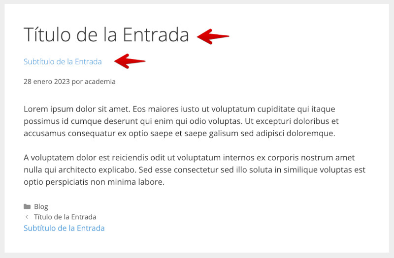 Vista frontal del título y subtítulo del plugin Secondary Title