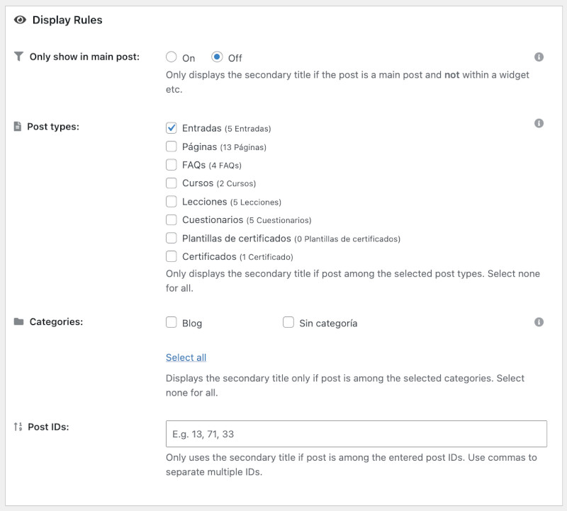 Configuración de las reglas de uso de Sencondary Title