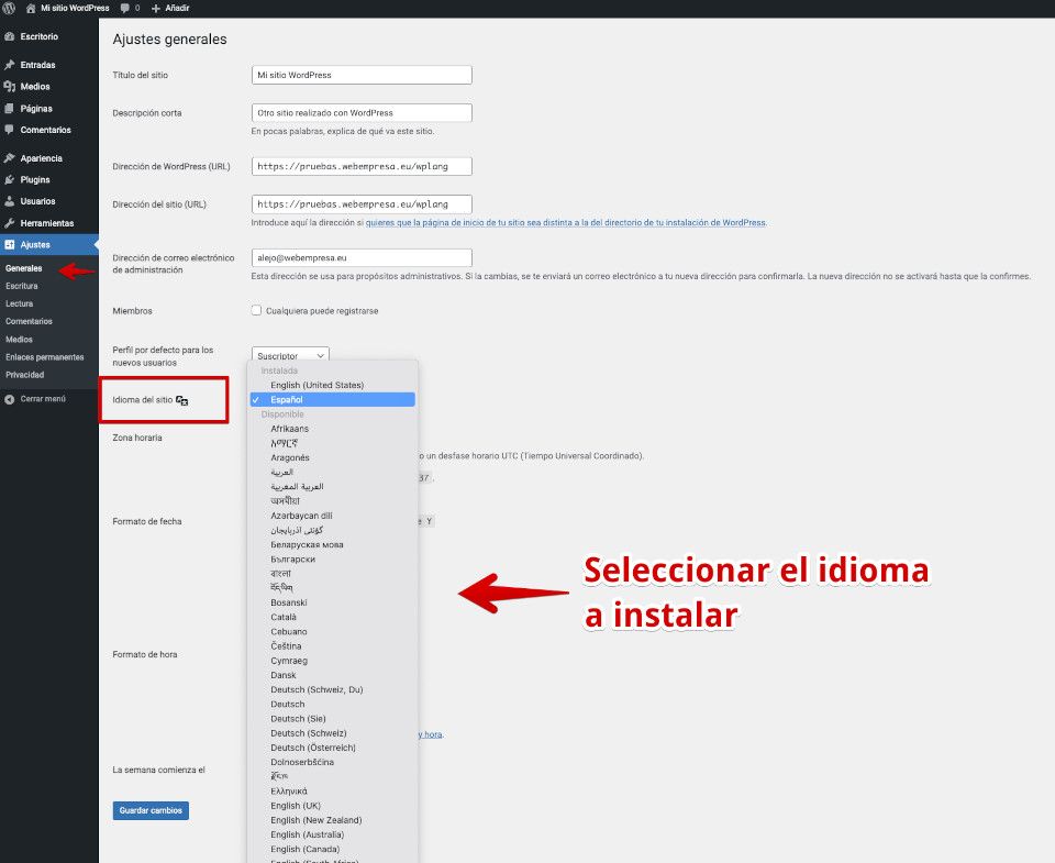 Seleccionar idioma a instalar en WordPress