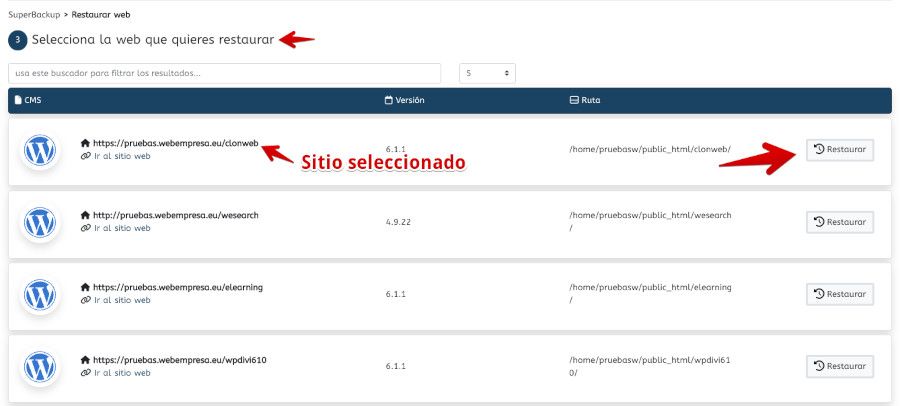 Seleccionar el sitio a restaurar con SuperBackup