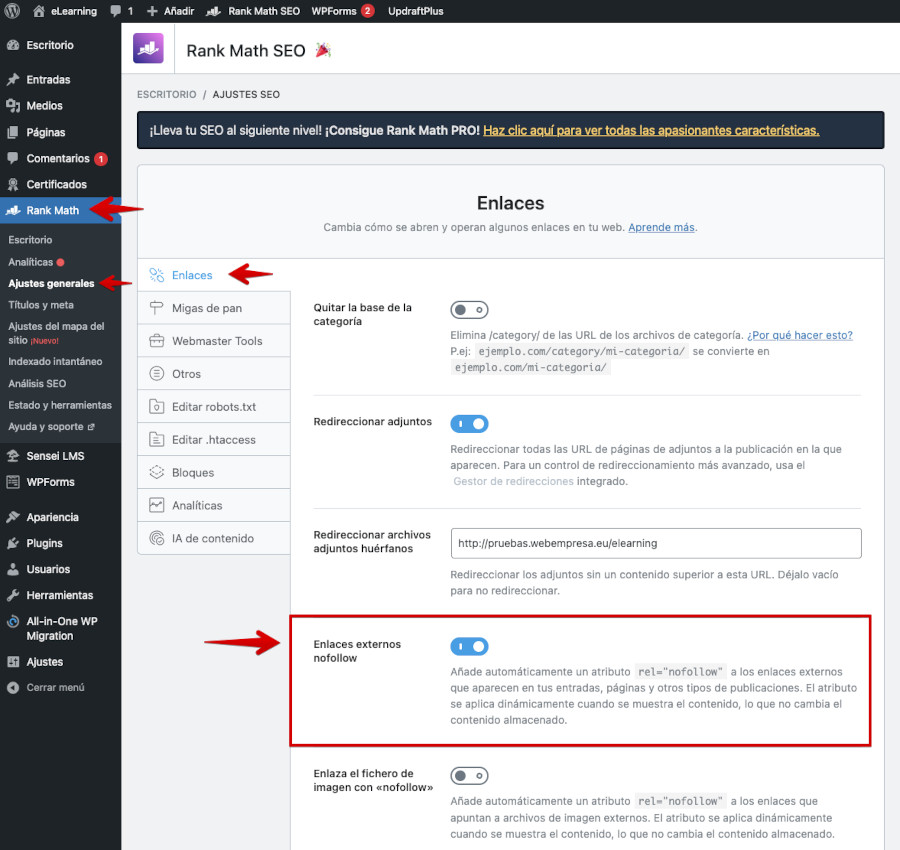 Activar nofollow en enlaces con Rank Math