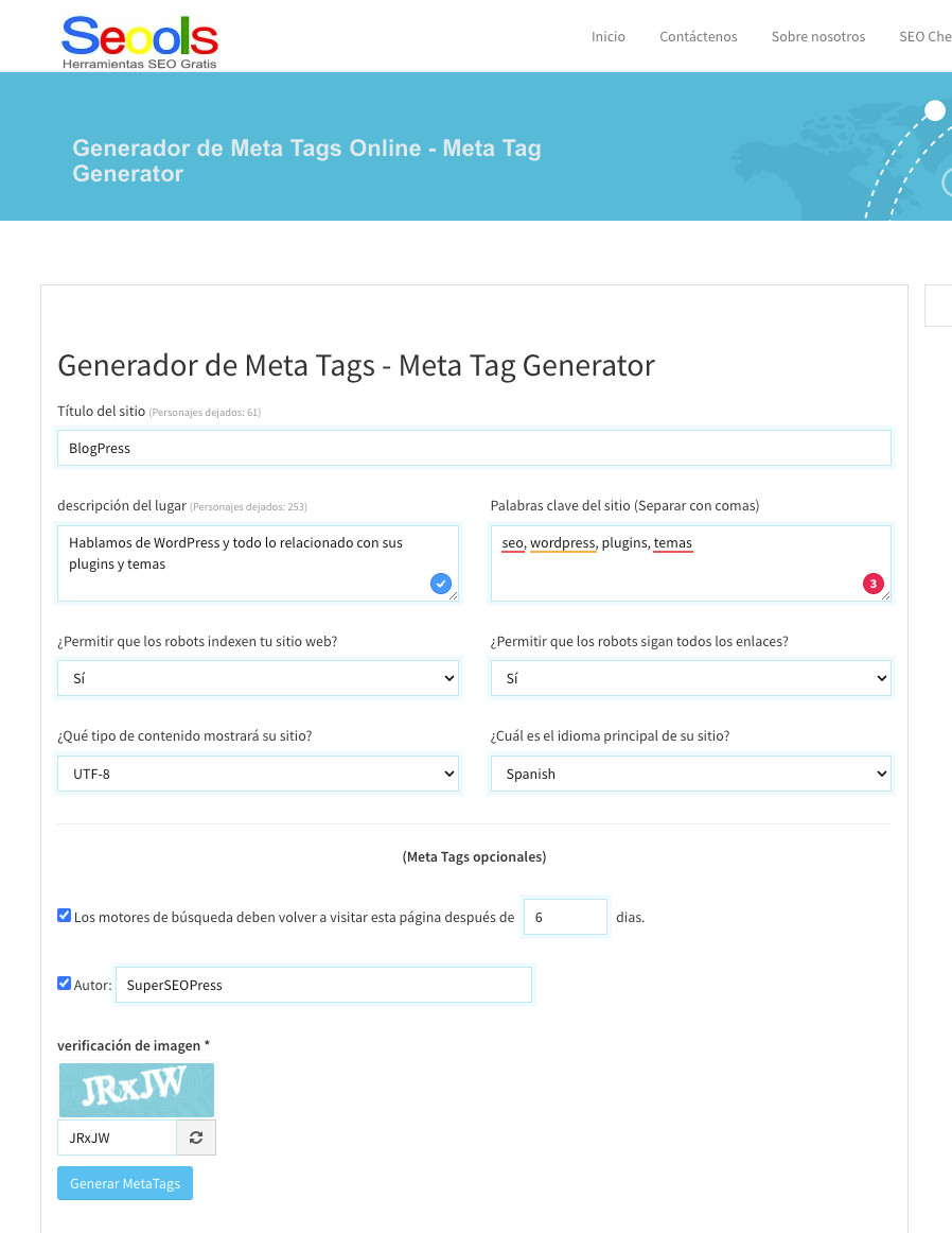 Generador de metas online Seools