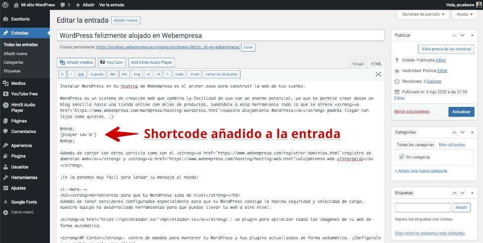 Código corto en entrada de WordPress