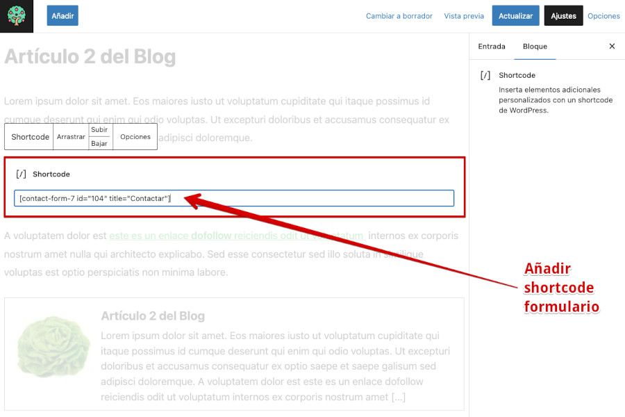 Ejemplo de shortcode generado por un formulairo de WordPress insertado en una Entrada con Gutenberg