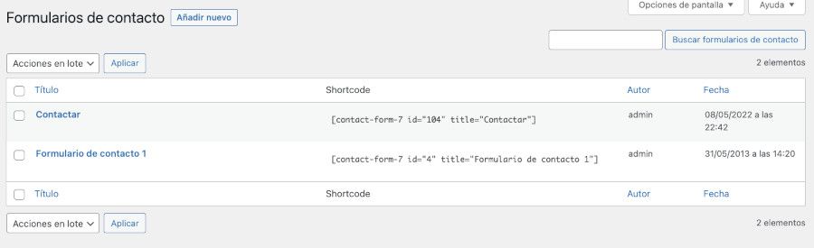 Ejemplo de shortcode generado por un formulairo de WordPress