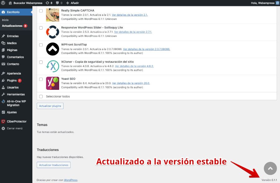 Dashboard del sitio actualizado a la versión estable