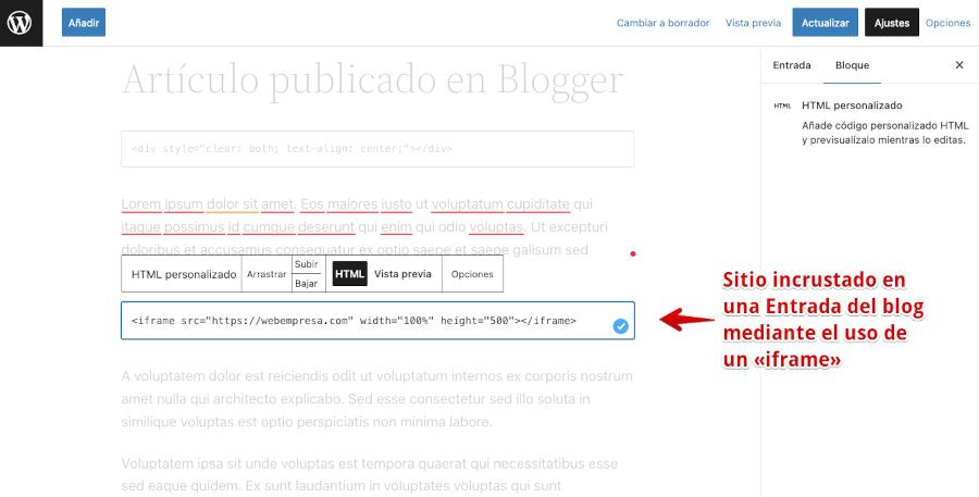 Sitio web incrustado en una entrada del blog con un iframe