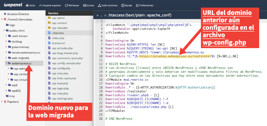 Sitio WordPress migrado con la URL anterior aún reflejada en el archivo wp-config.php