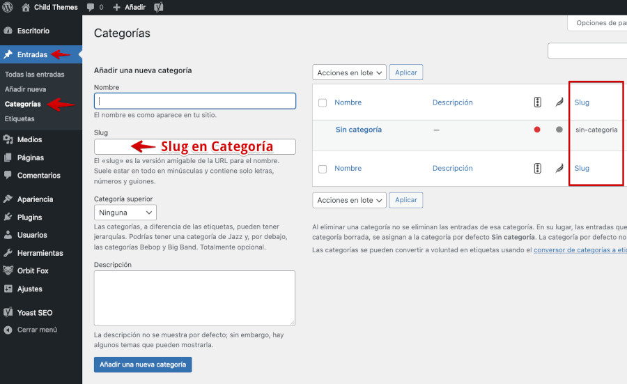 Slug en Categorías de Entradas en WordPress