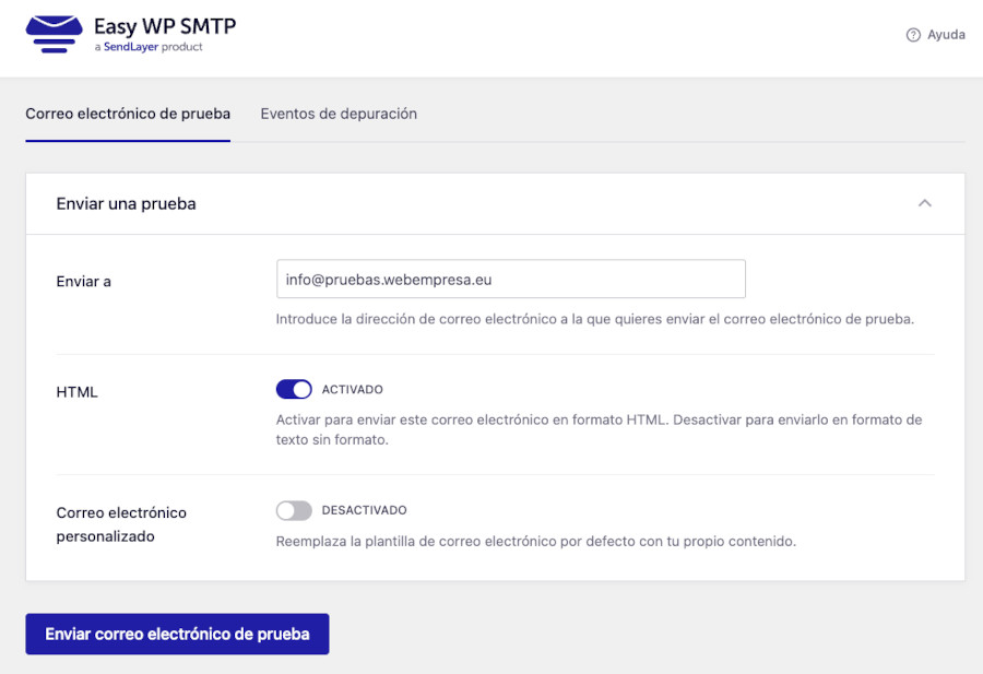 Prueba de envío de correo por SMTP