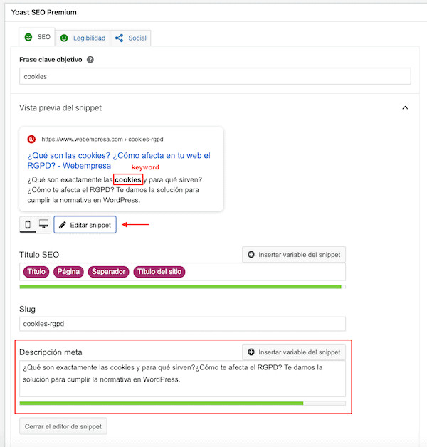 Vista previa snippet Plugin Yoast SEO