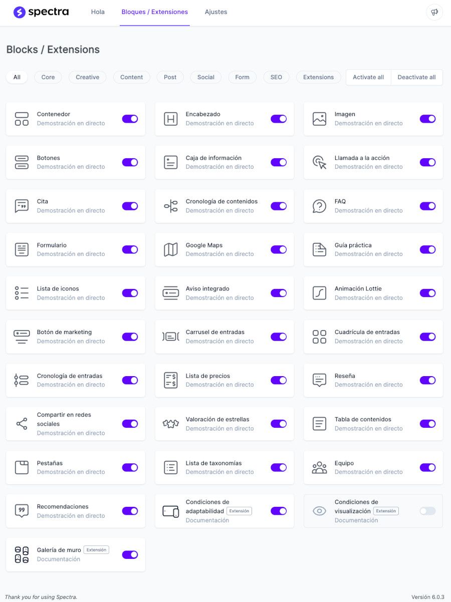 Estensiones disponibles en el plugin Spectra