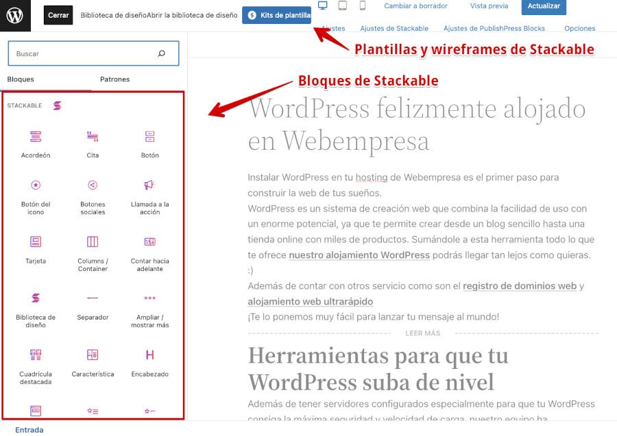 Botón de acceso a los bloques de Stackable desde una Entrada