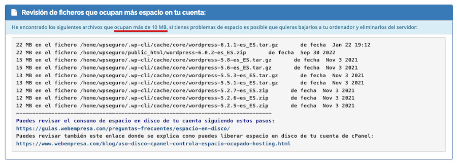 Herramienta Stephan para saber que archivos superiores a 10MB ocupan espacio en el Hosting