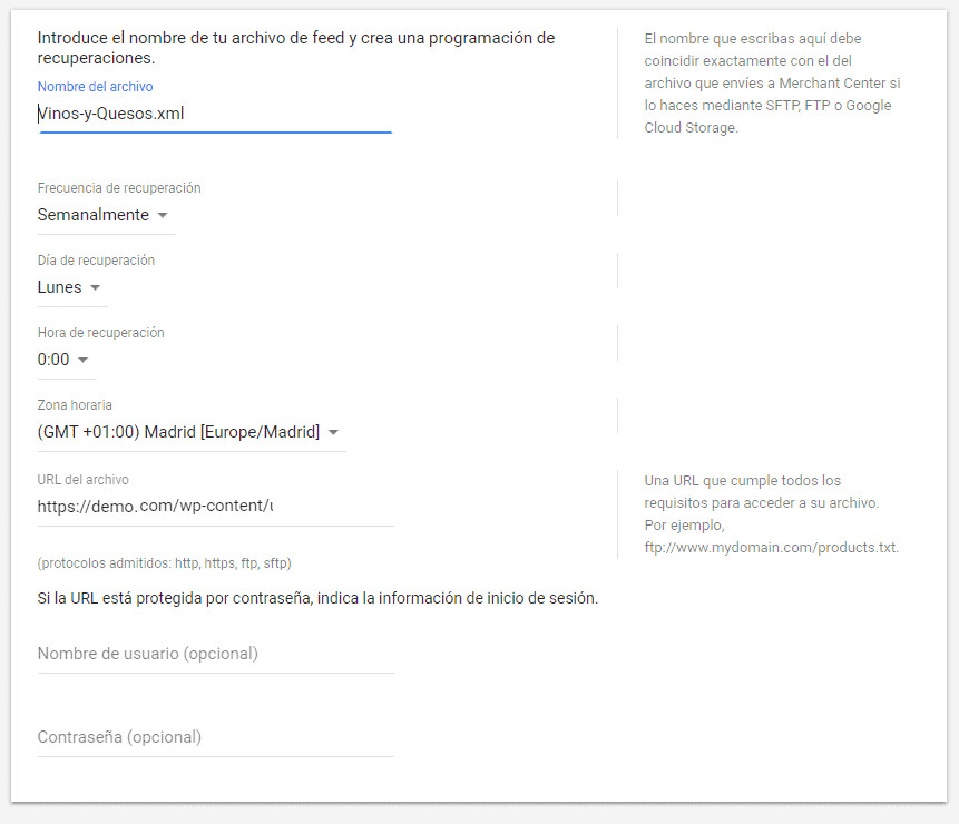 Subir feed de productos a Google Merchant Center - Nombre feed y fecha actualizacion