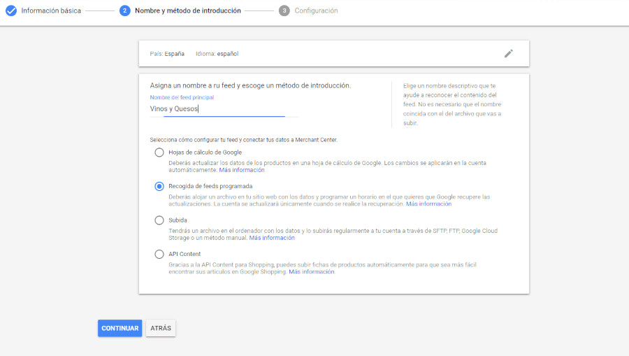Subir feed de productos a Google Merchant Center - Nombre y método de introducción
