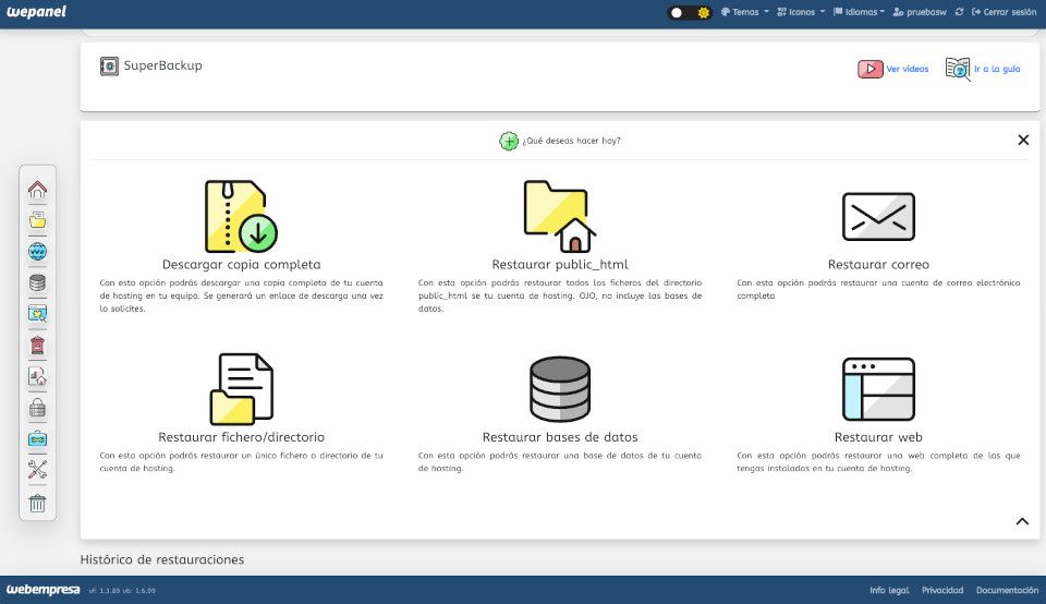 SuperBackup en wePanel de Webempresa