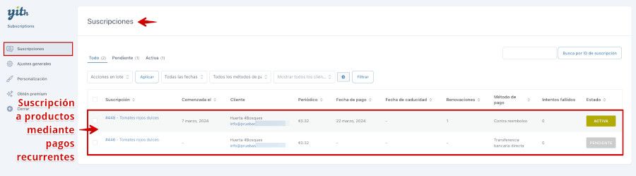 Suscripciones del plugin YITH WooCommerce Subscription